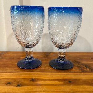 Libbey Elegant Blue Rimmed Crackle Glass Water Iced Tea Goblets